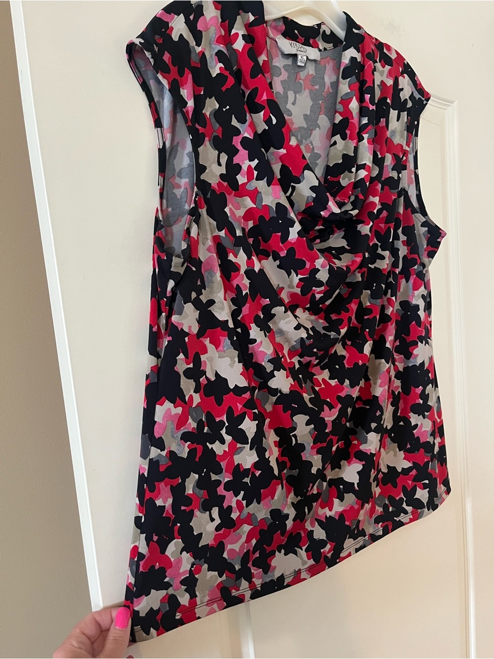 Kasper  Sleeveless Drape Neck Floral Print Top - Pink/Black/Gray-Women’s XL